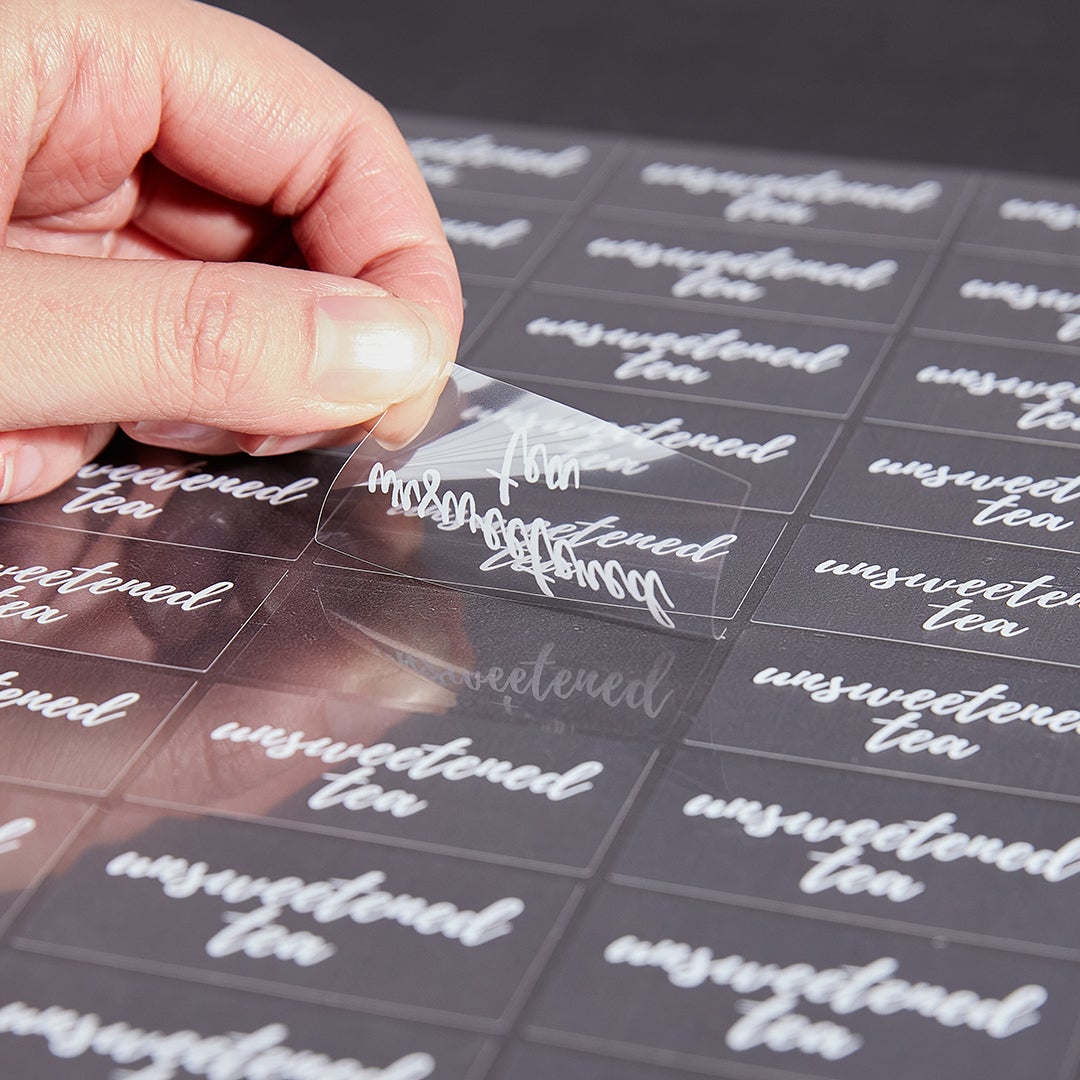 Labels, Unsweetened Tea, 2 x 1 Inch, Water Resistant, Clear with White Font,1 - 100 COUNT