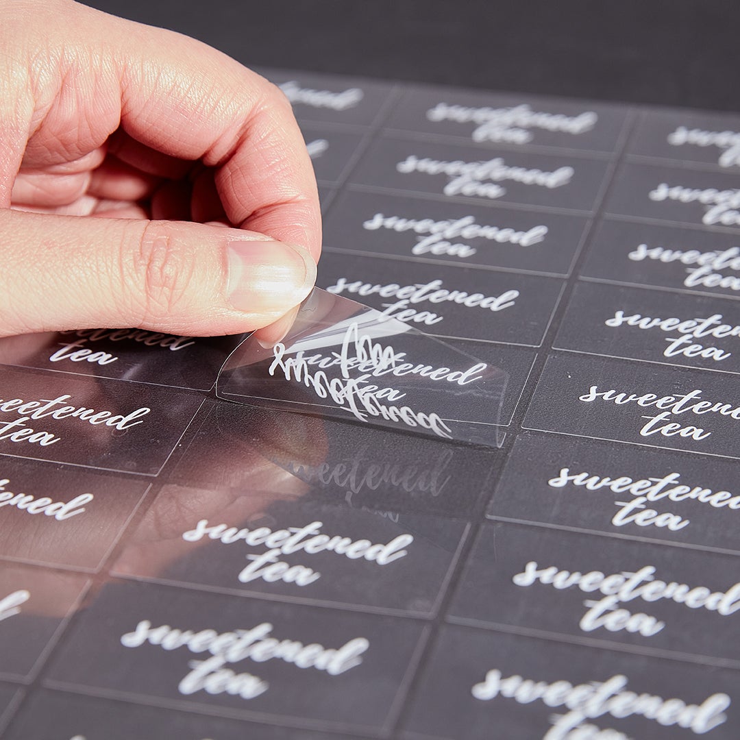 Labels, Sweetened Tea, 2 x 1 Inch, Water Resistant, Clear with White Font,1 - 100 COUNT