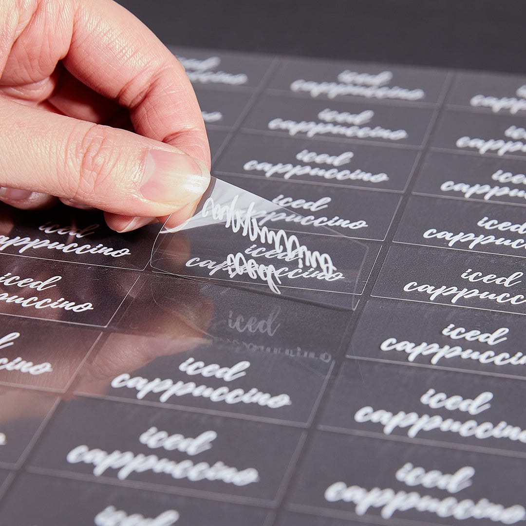 Labels, Iced Cappuccino, 2 x 1 Inch, Water Resistant, Clear with White Font,1 - 100 COUNT
