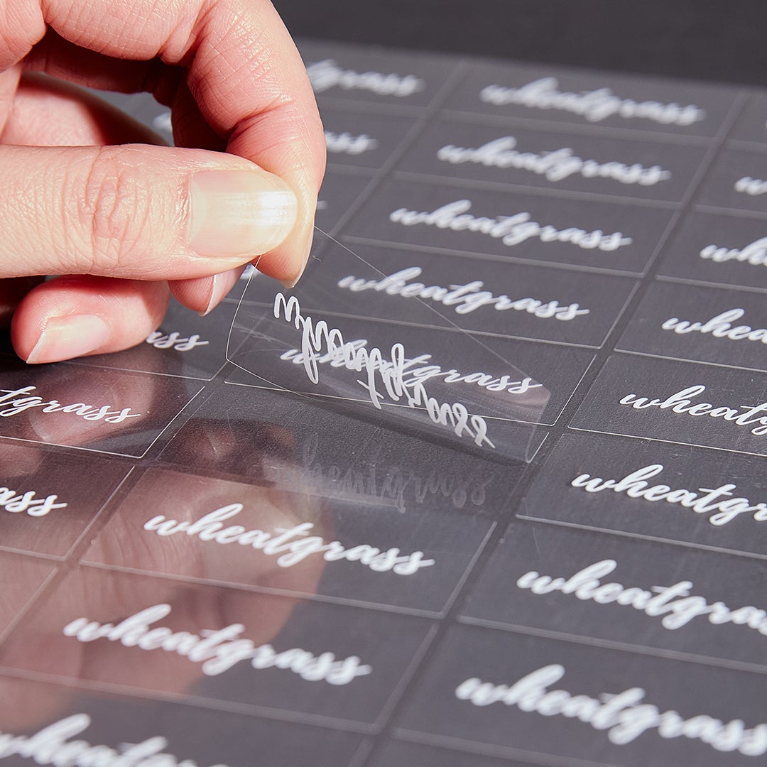 Labels, Wheatgrass, 2 x 1 Inch, Water Resistant, Clear with White Font,1 - 100 COUNT