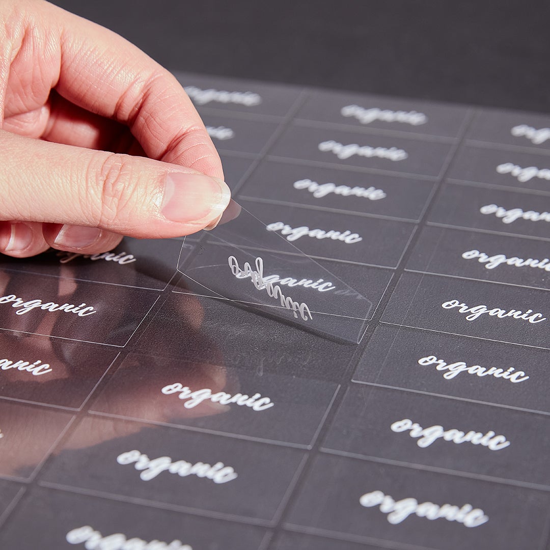 Labels, Organic, 2 x 1 Inch, Water Resistant, Clear with White Font,1 - 100 COUNT