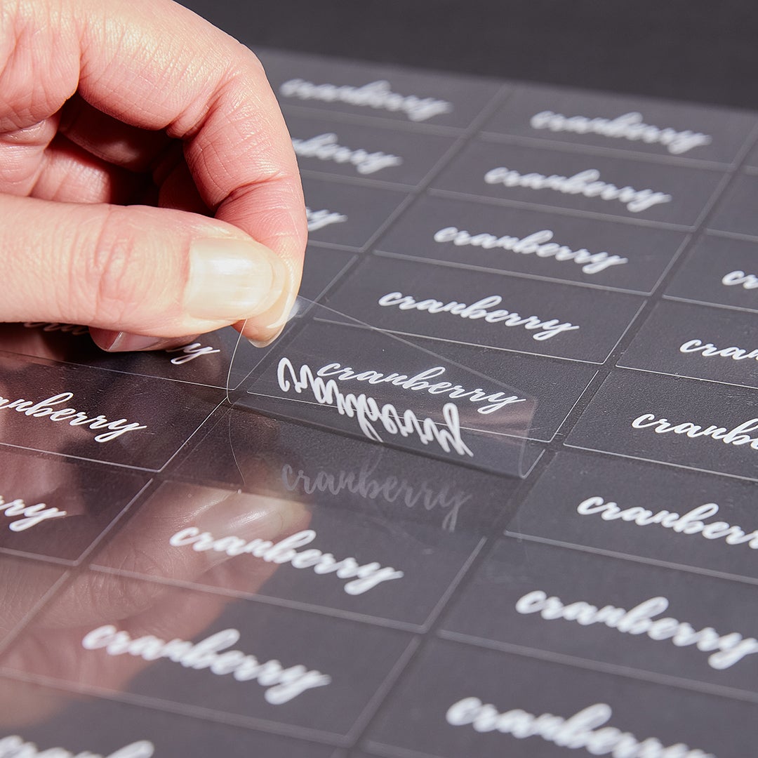 Labels, Cranberry, 2 x 1 Inch, Water Resistant, Clear with White Font,1 - 100 COUNT