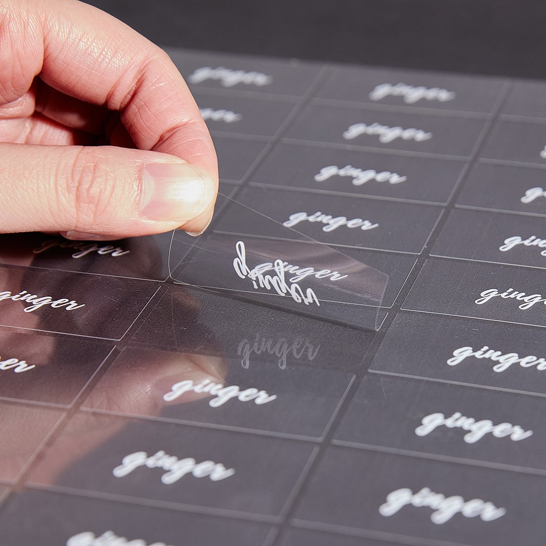 Labels, Ginger, 2 x 1 Inch, Water Resistant, Clear with White Font,1 - 100 COUNT