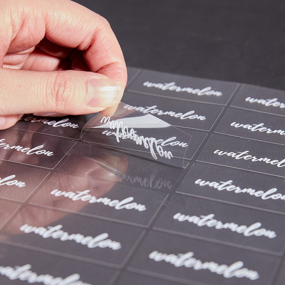 Labels, Watermelon, 2 x 1 Inch, Water Resistant, Clear with White Font,1 - 100 COUNT