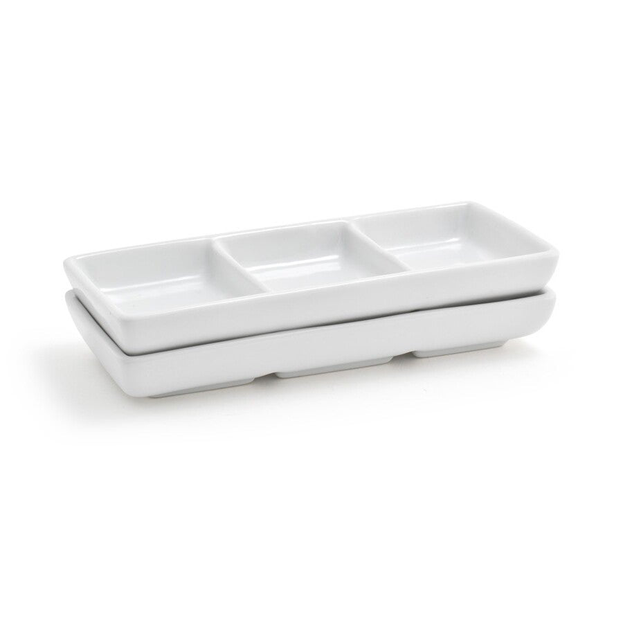 Dishes, 3 Compartment, 3 Ounce, White, Porcelain, 2.5 x 6 Inch, Rectangular, Stackable,12 - 1 EACH