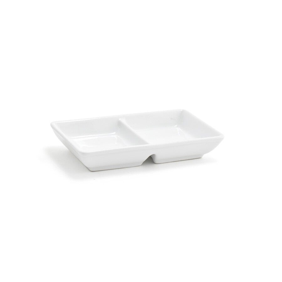 Dishes, 2 Compartment, 2 Ounce, White, Porcelain, 2.75 x 4.75 Inch, Rectangular, Stackable,12 - 1 EACH