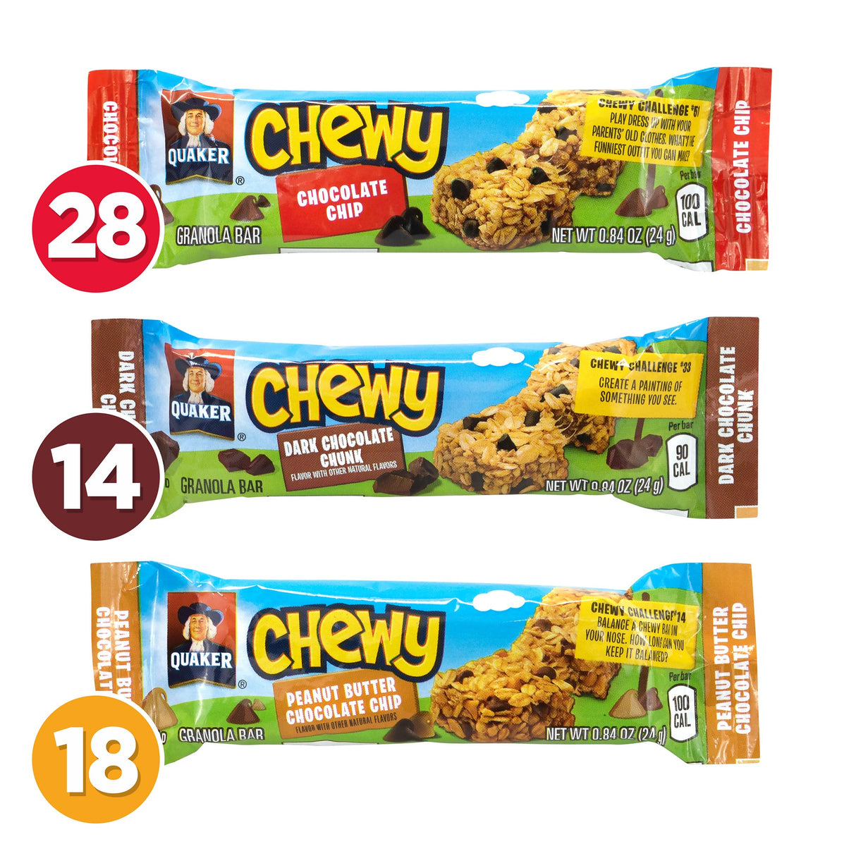 Bars, Chewy Granola, Variety, Chocolate Chip/Double Chocolate Chunk/Peanut Butter Chocolate Chip,60 - 1 EACH