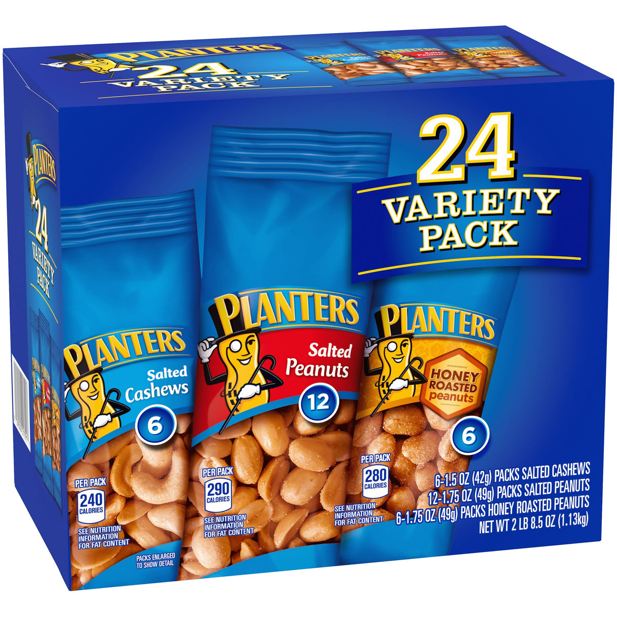 Nuts, Assorted, Salted Cashews/Salted Peanuts/Honey Roasted Peanuts, Single-Serve,24 - 1.7 OUNCE