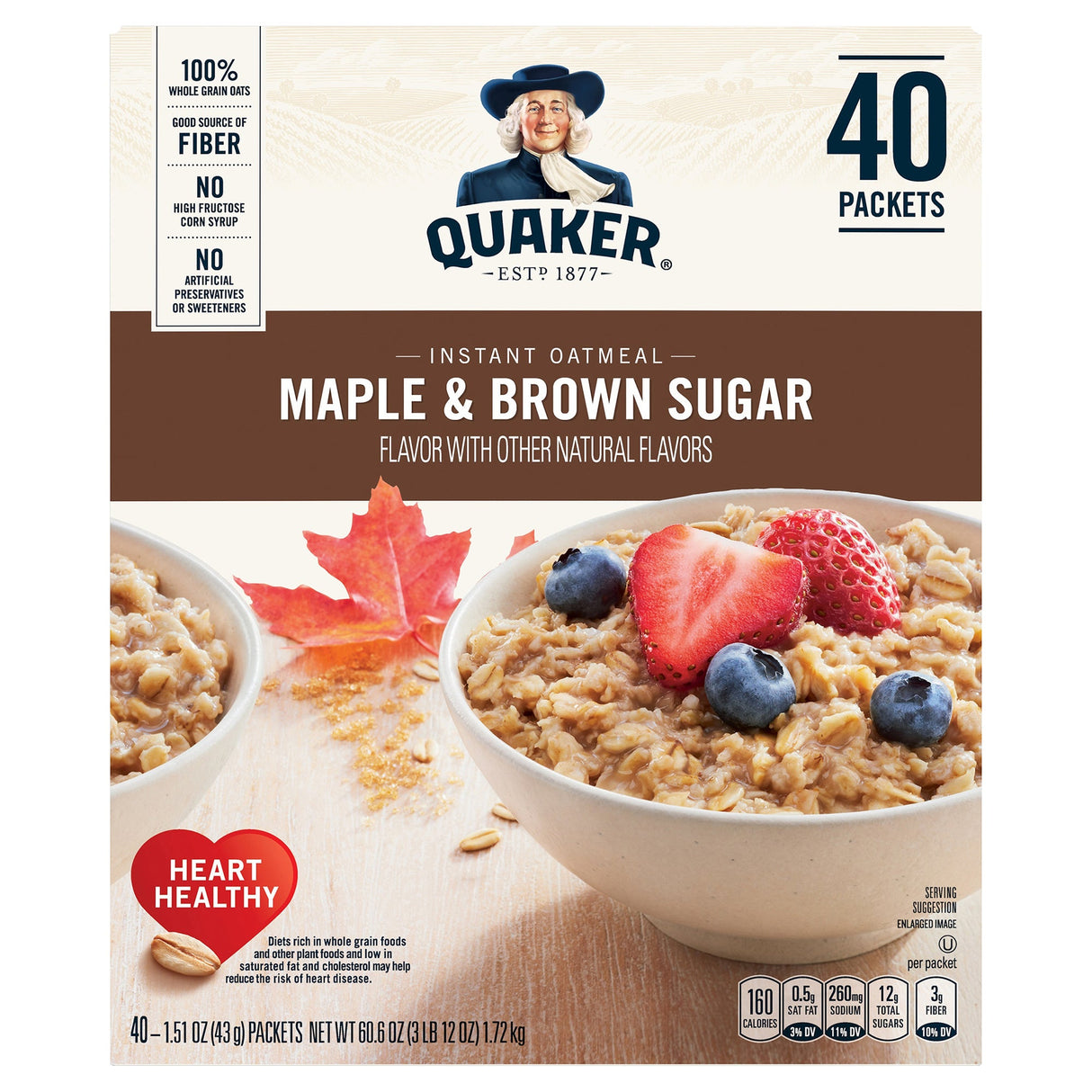 Oatmeal, Maple & Brown Sugar, Instant, Single-Serve Packets,40 - 1 EACH