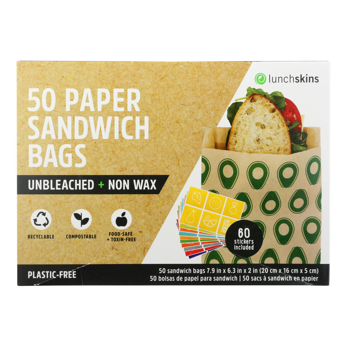 Bags, Sandwich, 7.9 x 6.3 x 2 Inch, Paper, Brown with Avocado Print,12 - 50 COUNT