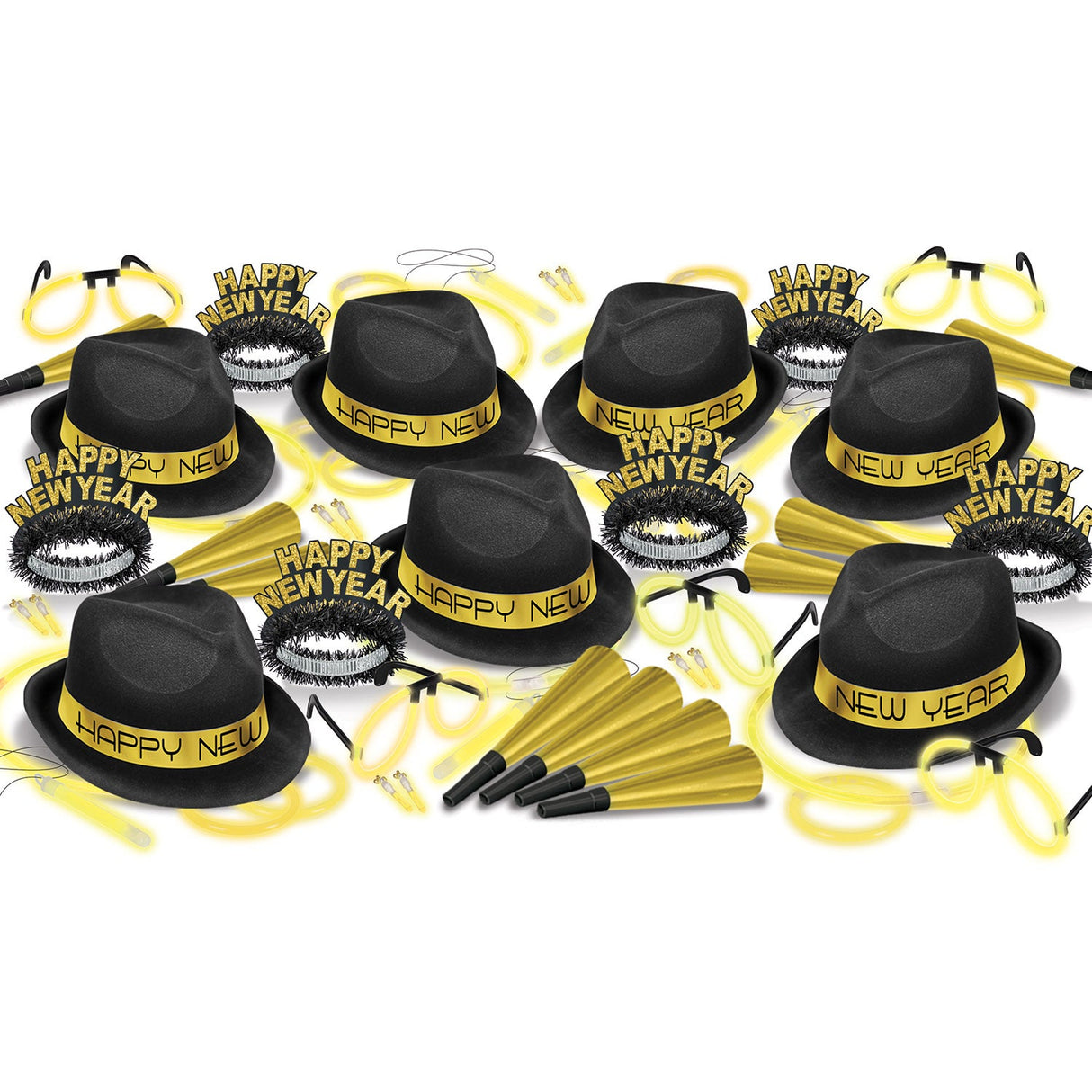 Party Assortment, Black & Gold, Happy New Year, with Hats/Horns/Glow Bands, for 50,1 - 1 EACH