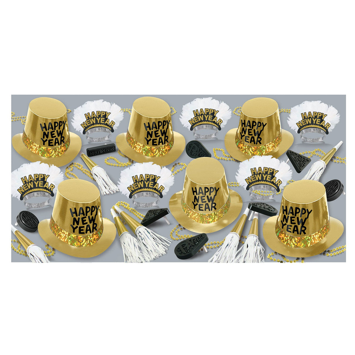 Party Assortment, Gold Rush, Happy New Year, with Hats/Beads/Noise Makers, for 50,1 - 1 EACH
