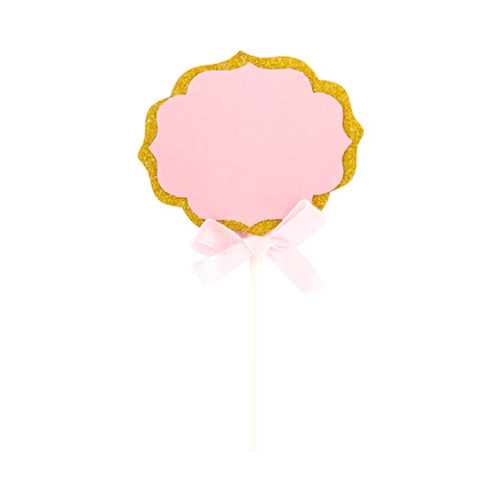 Cake Toppers, DIY Personalized, 4.5 x 2.5 Inch, Paper, Pink, with Gold Glitter Rim & Pink Bow,1 - 10 COUNT