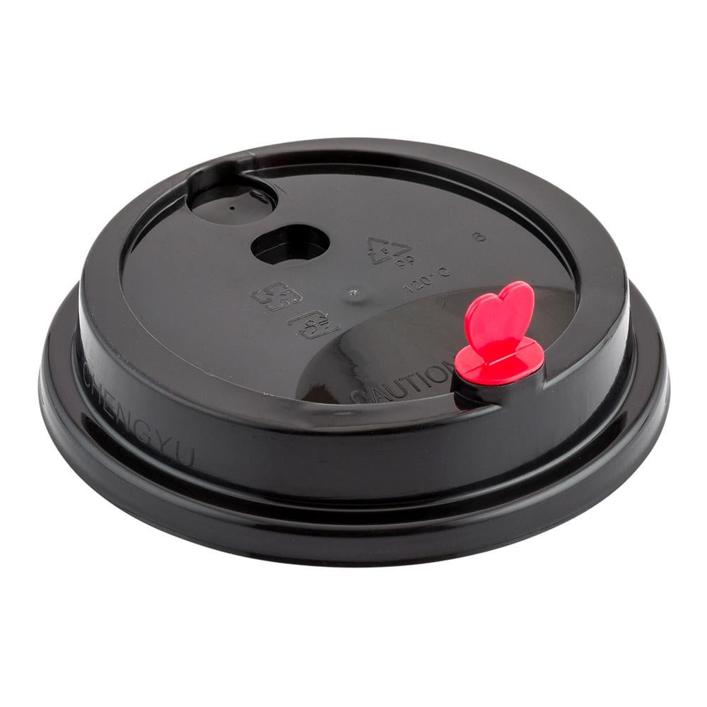 Lids, Dome, Sip-Thru, Plastic, Black, for 8/12/16/20 Ounce Cups, with Red Heart Plug,1 - 50 COUNT