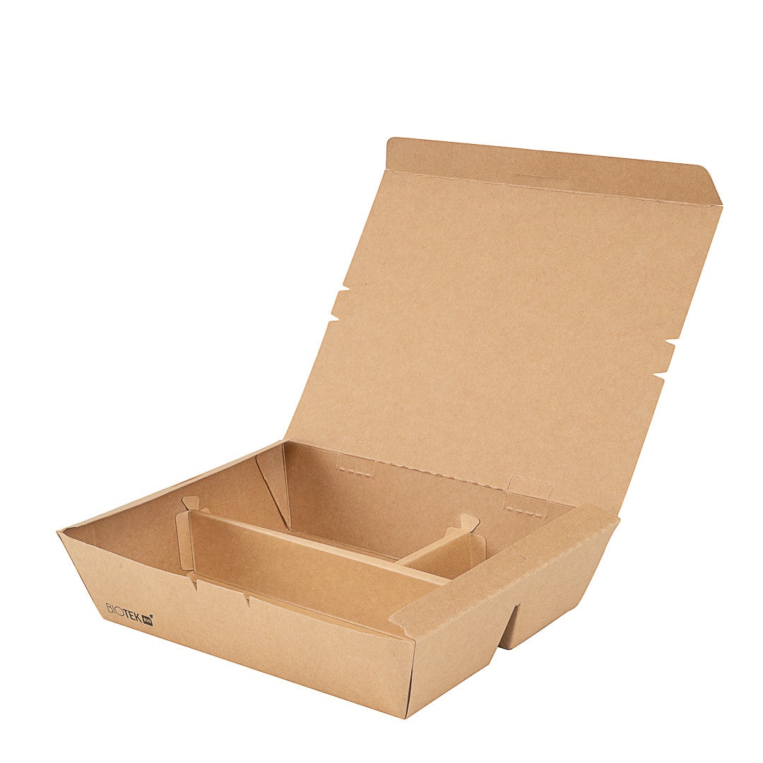 Containers, 3-Compartment, 51 Ounce, Paper, Kraft, Rectangular, 9.5 x 7.5 x 2 Inch,1 - 100 COUNT