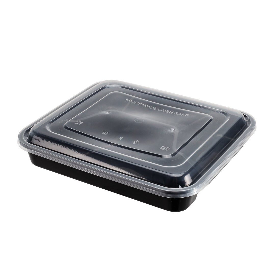 Containers, 4-Compartment, 34 Ounce, Microwavable Plastic, Black, Rectangular, 8.75 x 7.5 x 1.5 Inch, with Clear Lid,1 - 100 COUNT