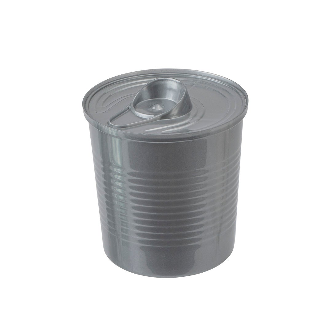 Cups, 4 Ounce, Plastic, Silver, Tin Can-Shaped, 2.5 x 2.75 Inch, with Lid,1 - 5 COUNT