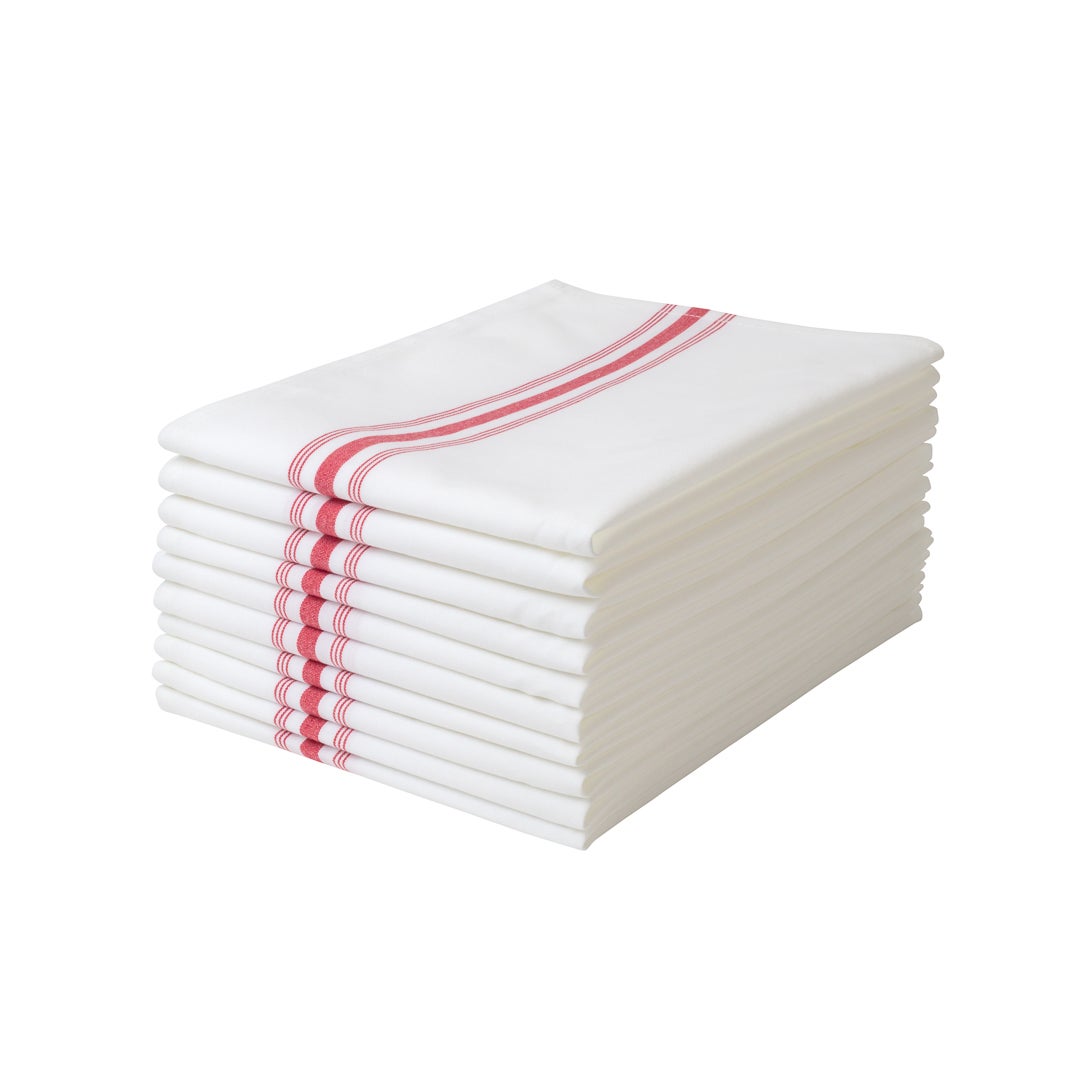 Napkins, Cloth, 20 x 20 Inch, White with Red Stripes, Polyester,1 - 10 COUNT