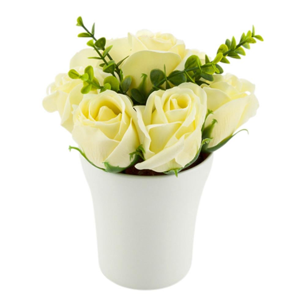 Flowers, Artificial, 7 Bloom, Roses, Soap, Yellow, in Porcelain Pot,1 - 1 EACH