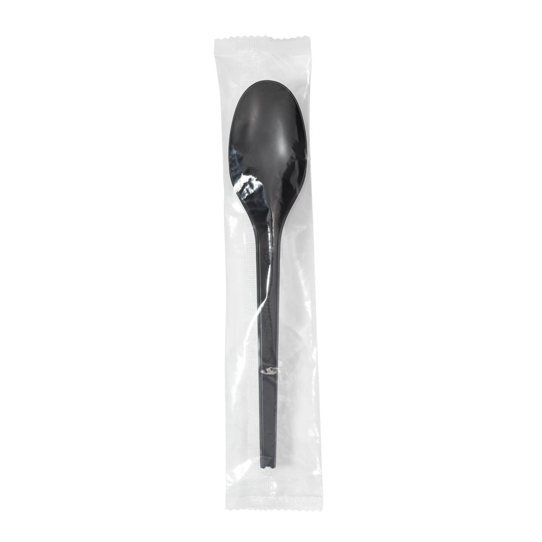Spoons, Plastic, Black, 6.5 Inch, Individually Wrapped, Compostable PLA,1 - 250 COUNT