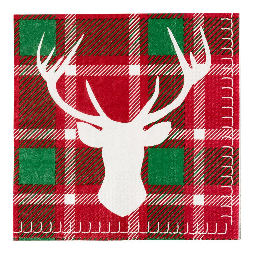 Napkins, Lunch, Red & Green Plaid with Reindeer, 13 x 13 Inch,1 - 20 COUNT