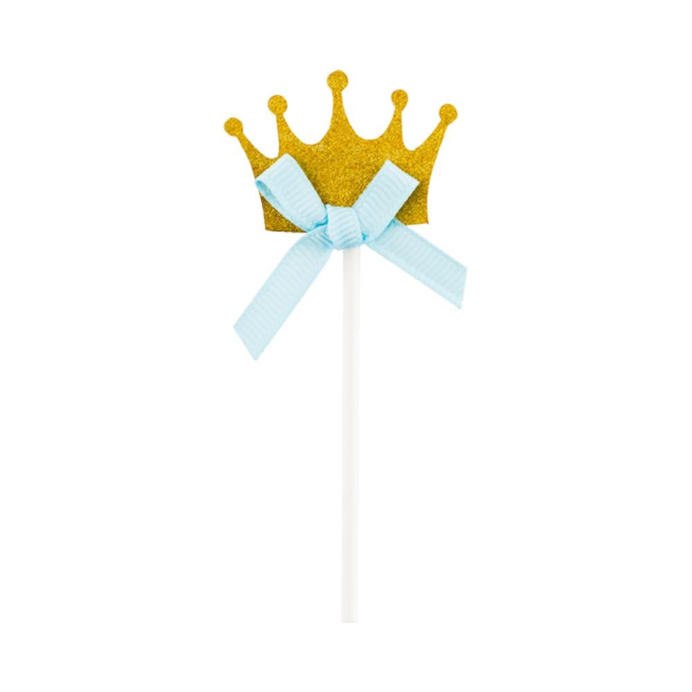 Cake Toppers, Crown, 3.75 x 1.5 Inch, Paper, Gold, Glitter, with Blue Bow,1 - 10 COUNT