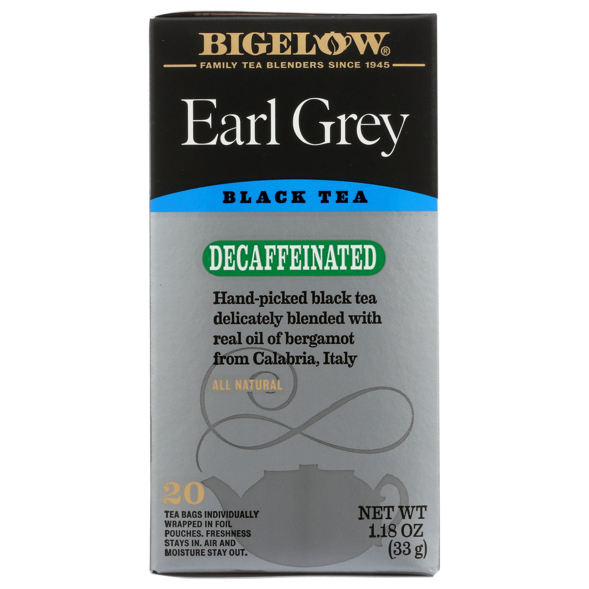 Tea, Black, Earl Grey, Decaffeinated, Individually Wrapped with String,6 - 20 COUNT