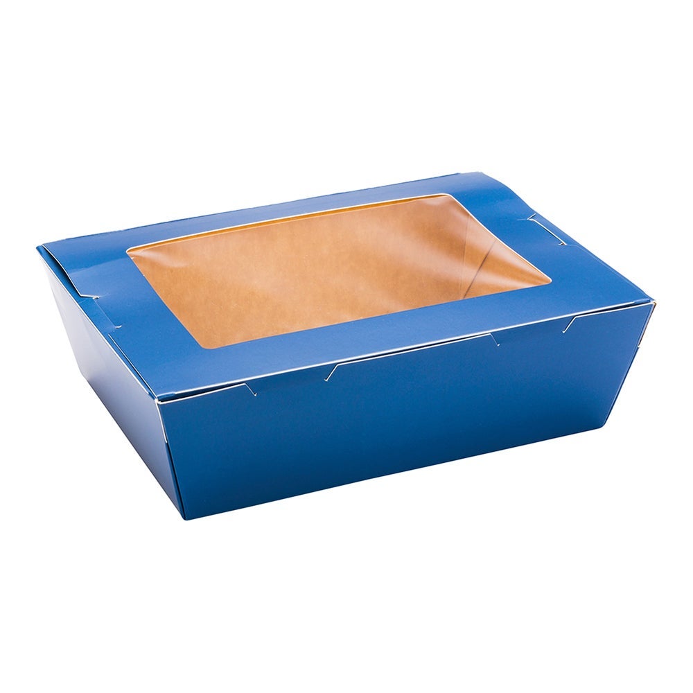 Boxes, Take-Out, 71 Ounce 8.75 x 6.5 x 2.5 Inch, Paper, Midnight Blue, Rectangle, Hinge Lock, with Window,1 - 200 COUNT