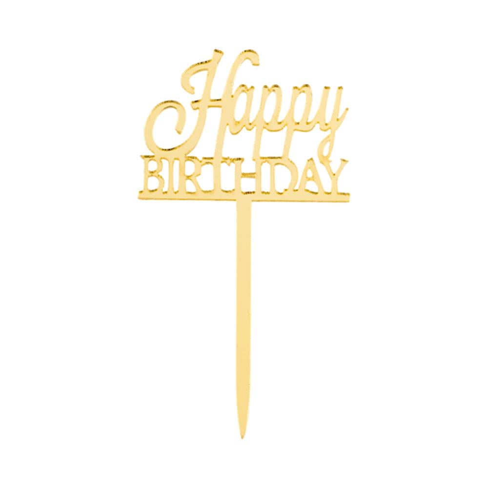 Cake Toppers, Classic Happy Birthday, 3 x 1.5 Inch, Acrylic, Gold, Mirrored,1 - 10 COUNT