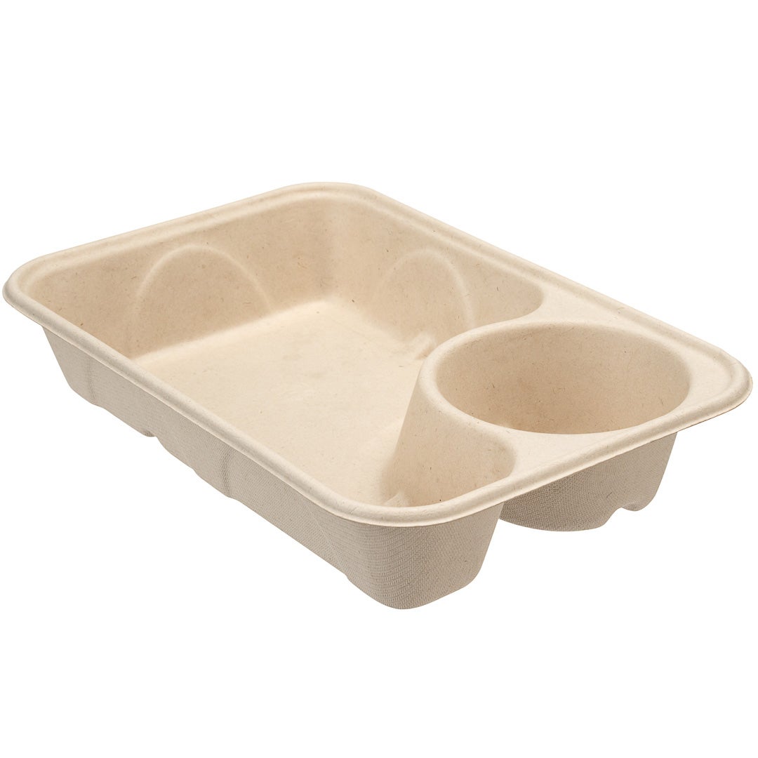 Trays, 2 Compartment Take-Out, 34 Ounce, Sugarcane Bagasse, Natural, Rectangle,1 - 100 COUNT