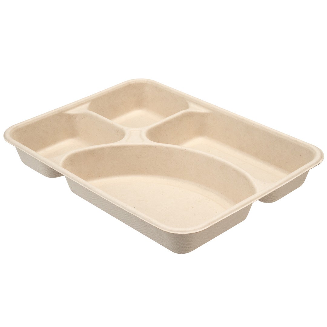 Trays, 4 Compartment Take-Out, 43 Ounce, Sugarcane Bagasse, Natural, Rectangle,1 - 100 COUNT