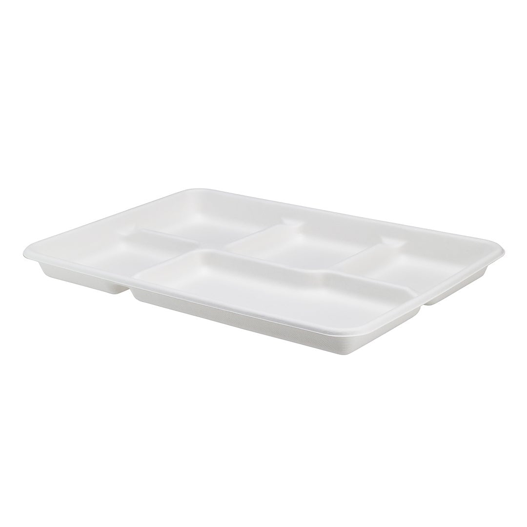 Trays, 5-Compartment School Lunch, 12.5 x 8.5 Inch, Sugarcane, White, Bagasse,1 - 100 COUNT