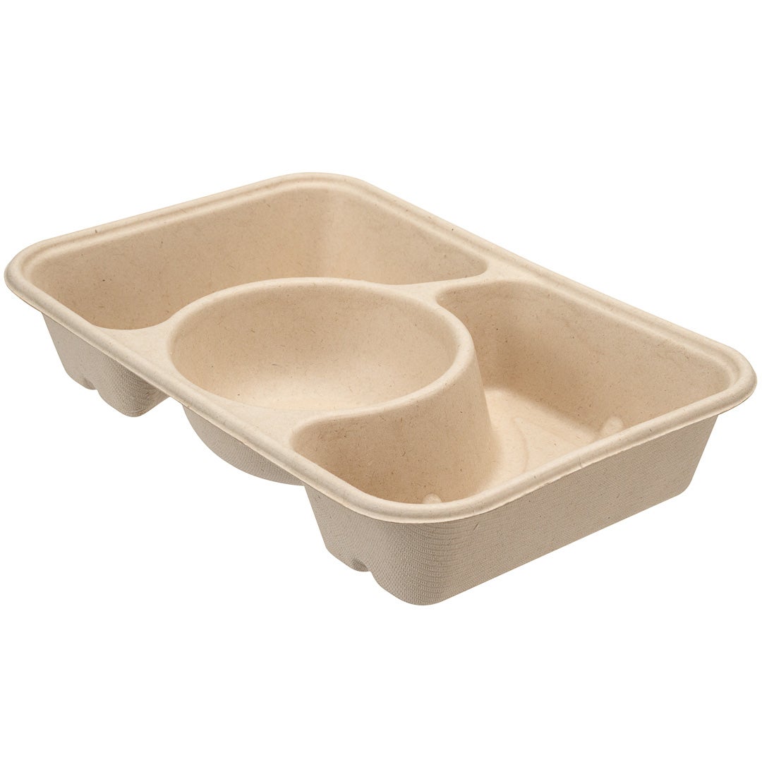 Trays, 3 Compartment Take-Out, 31 Ounce, Sugarcane Bagasse, Natural, Rectangle,1 - 100 COUNT