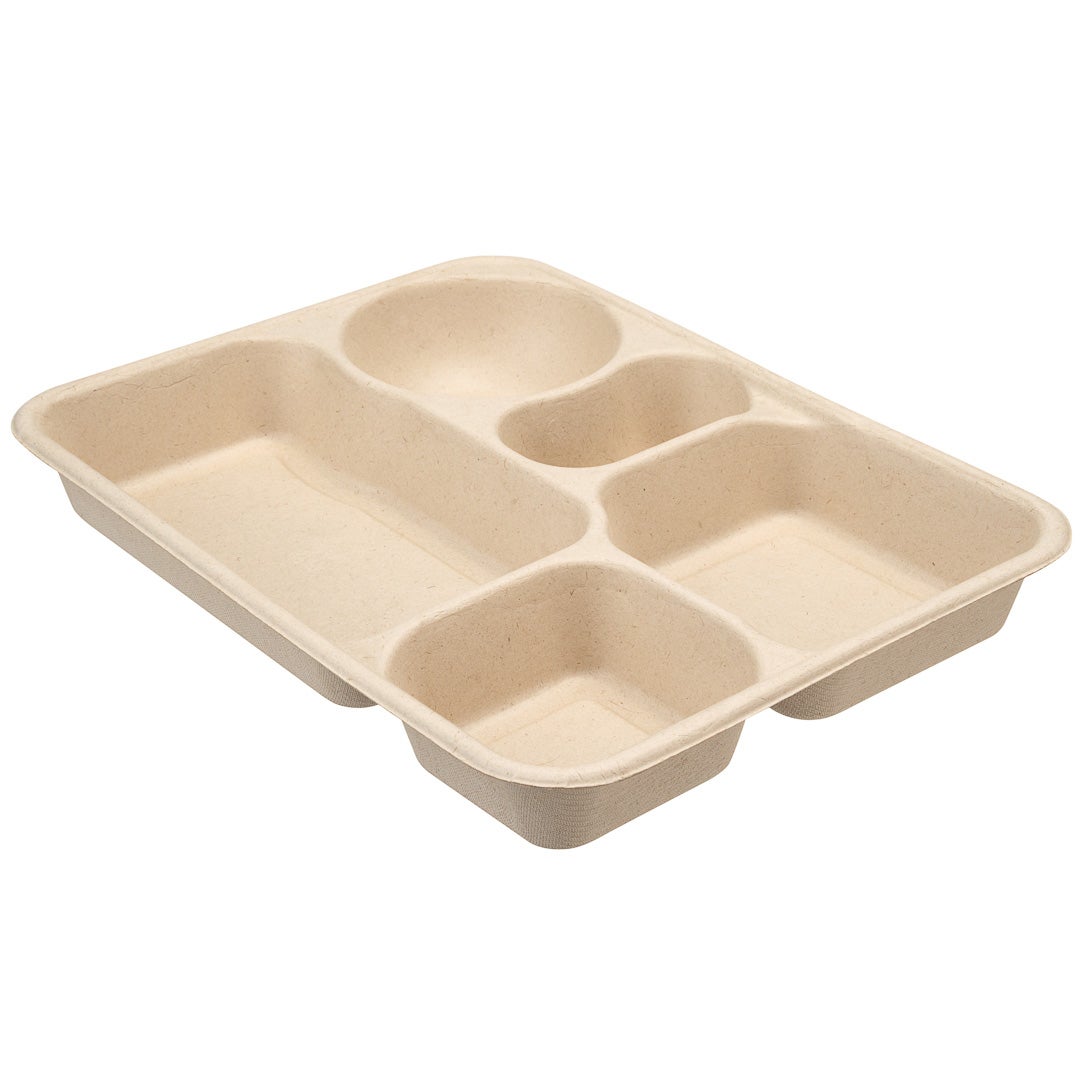 Trays, 5 Compartment Take-Out, 43 Ounce, Sugarcane Bagasse, Natural, Rectangle,1 - 100 COUNT