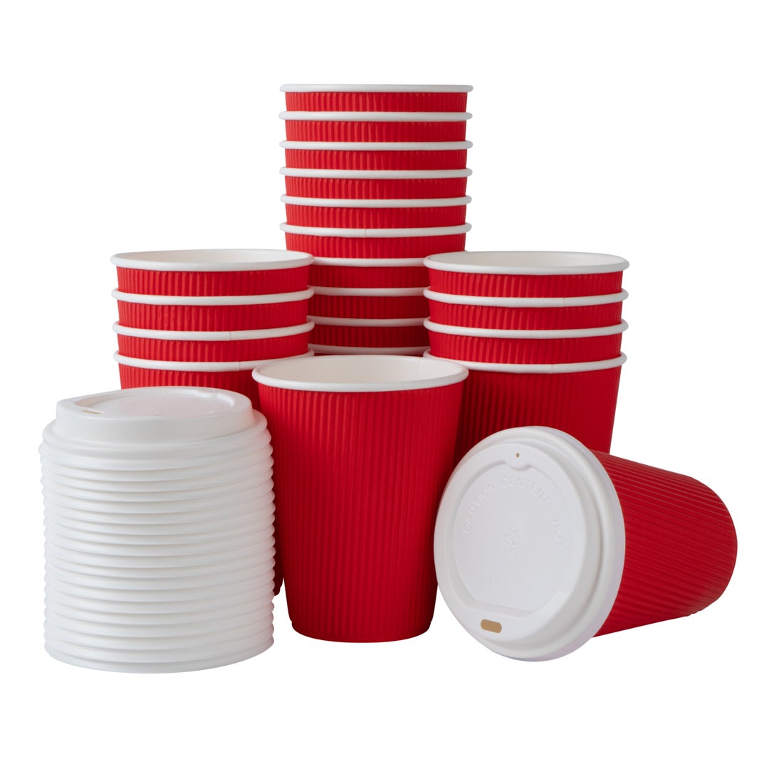 Cups, Hot, 12 Ounce, Paper, Red, Ripple Wall, with White Lid,1 - 200 COUNT
