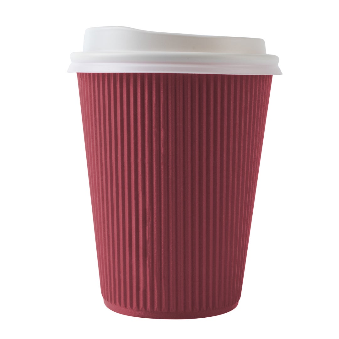 Cups, Hot, 12 Ounce, Paper, Crimson, Ripple Wall, with White Lid,1 - 200 COUNT