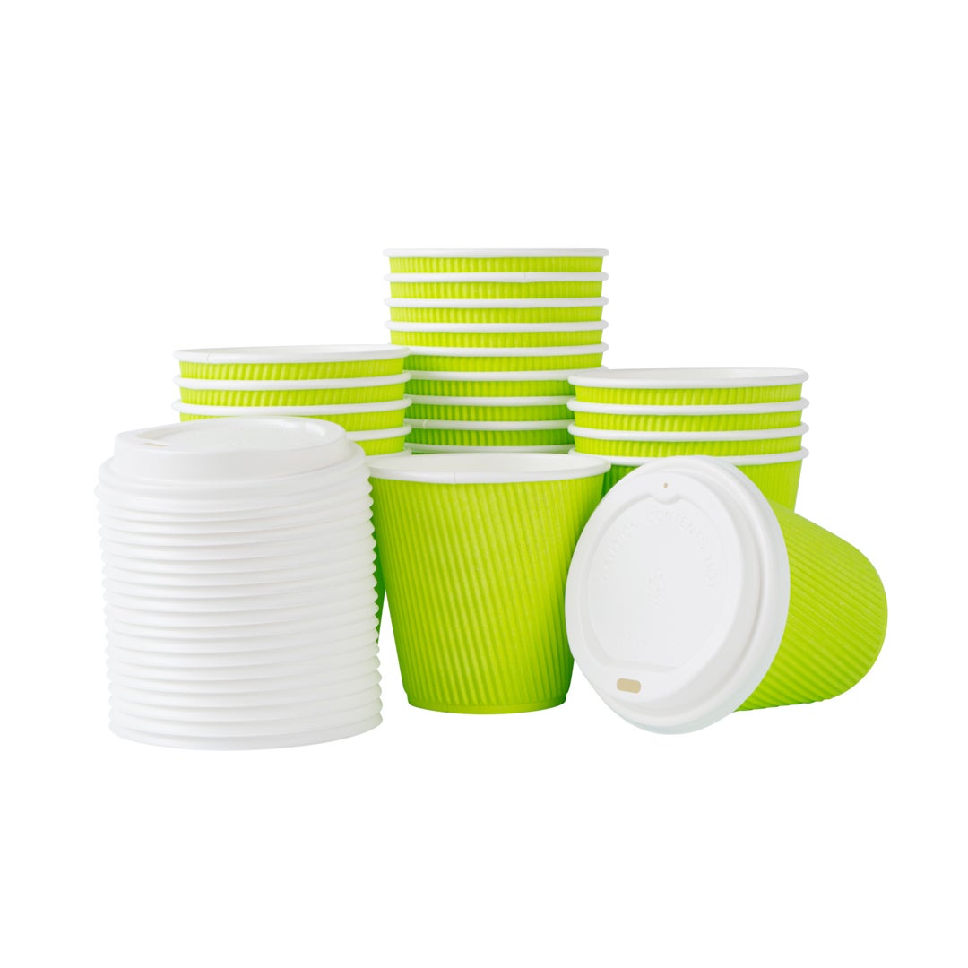 Cups, Hot, 8 Ounce, Paper, Eco Green, Ripple Wall, with White Lid,1 - 400 COUNT