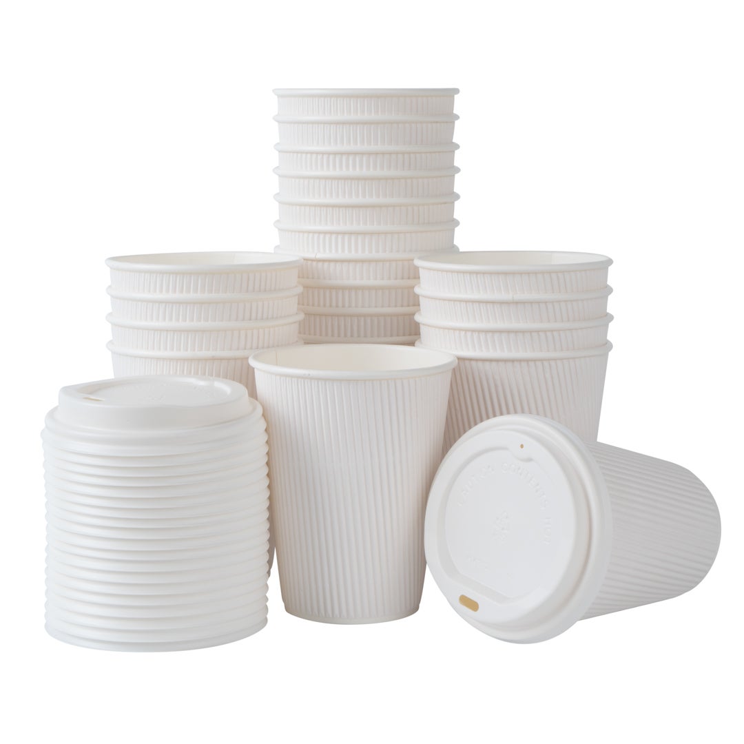 Cups, Hot, 12 Ounce, Paper, White, Ripple Wall, with White Lid,1 - 200 COUNT