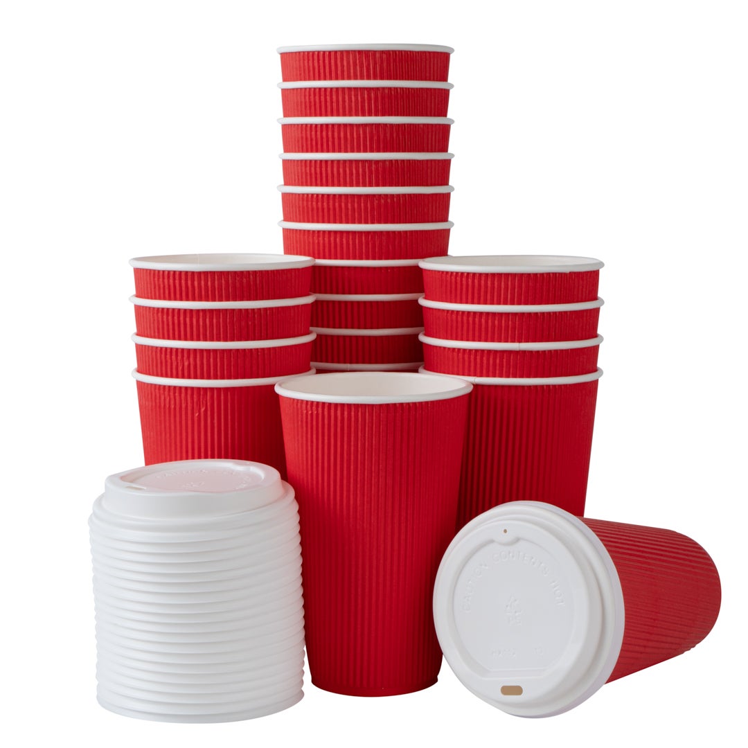 Cups, Hot, 16 Ounce, Paper, Red, Ripple Wall, with White Lid,1 - 200 COUNT