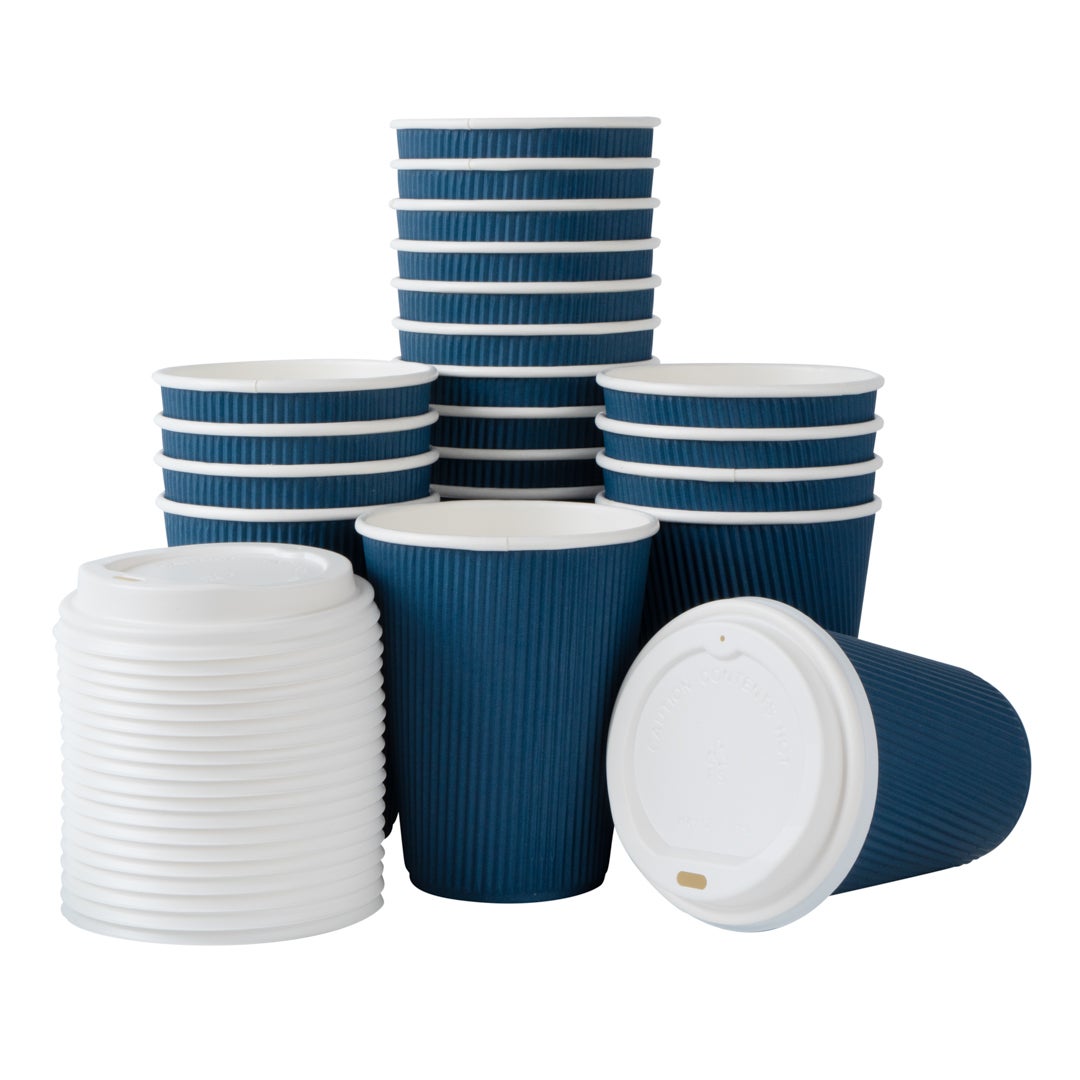 Cups, Hot, 12 Ounce, Paper, Midnight Blue, Ripple Wall, with White Lid,1 - 20 COUNT