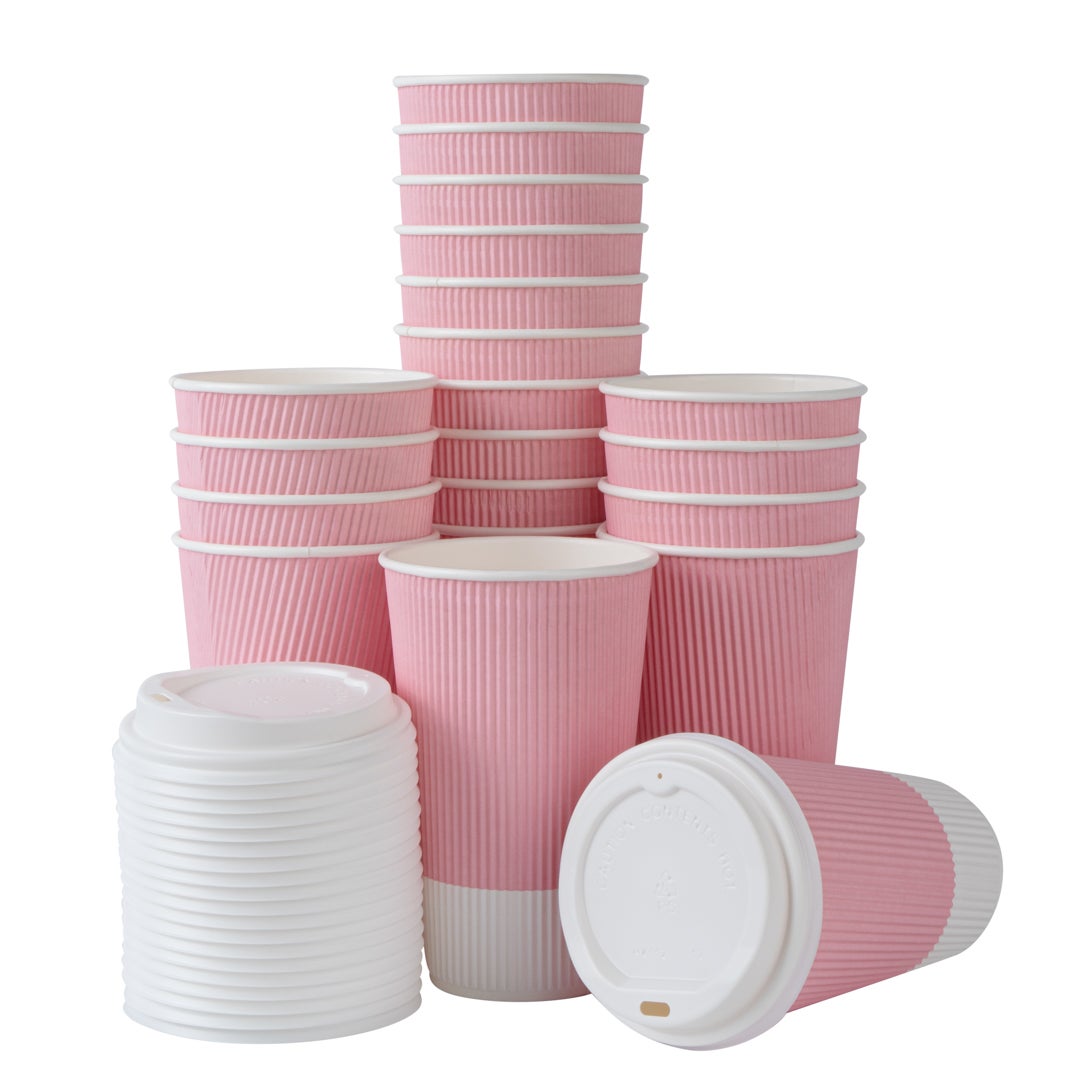 Cups, Hot, 16 Ounce, Paper, Light Pink, Ripple Wall, with White Lid,1 - 20 COUNT