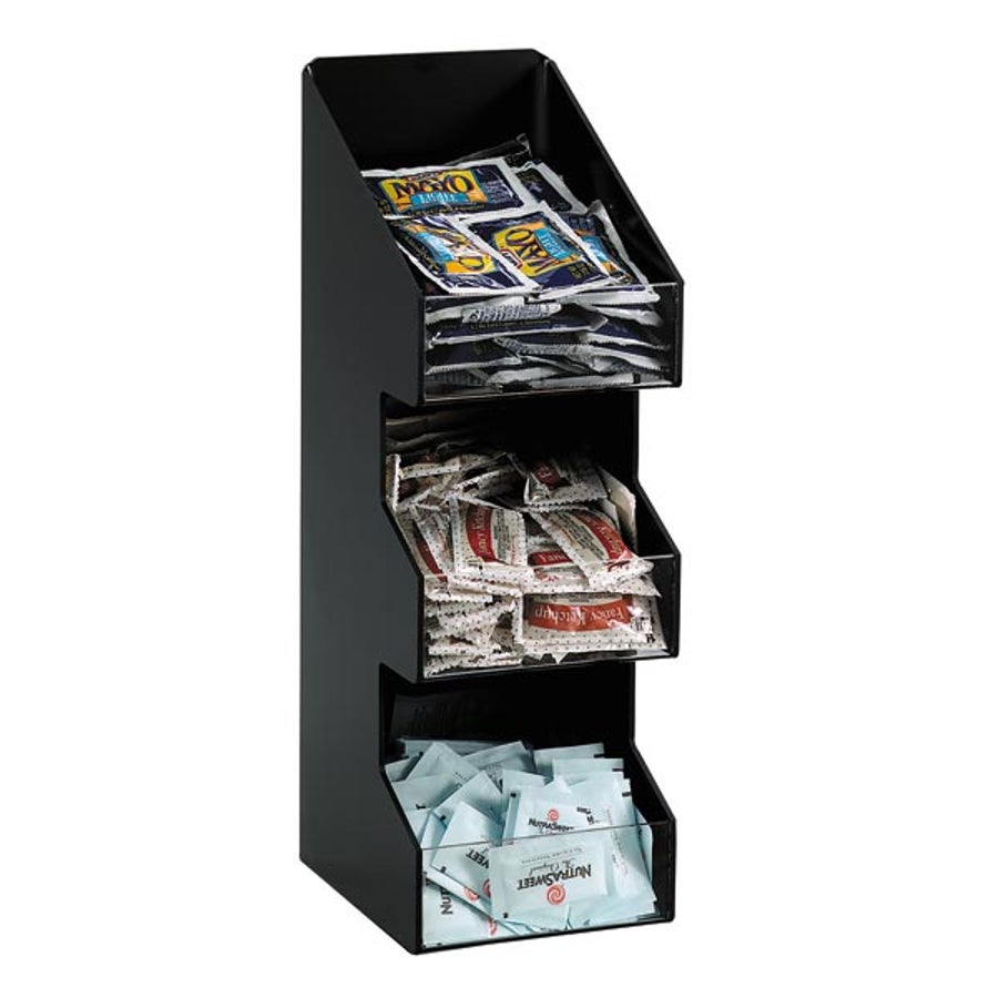Organizer, Lid & Condiment, 3-Section, Countertop, 16 x 5.25 x 6.63 Inch, Plastic, Black, with Clear Front Panel,1 - 1 EACH