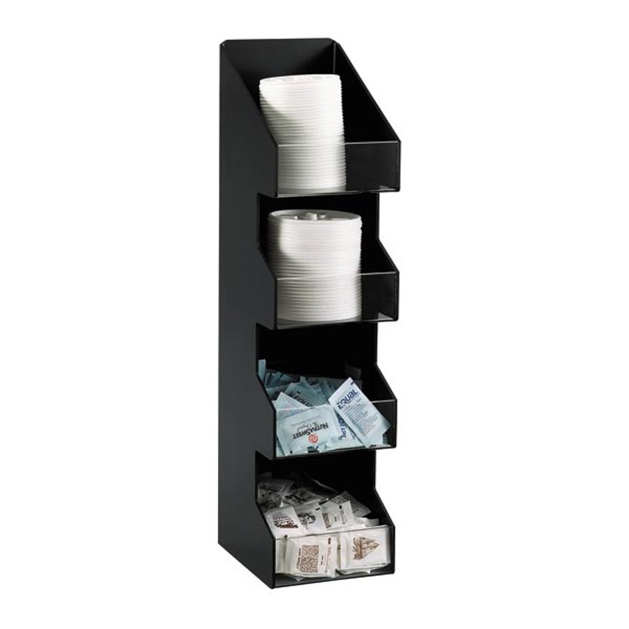 Organizer, Lid & Condiment, 4-Section, Countertop, 21 x 5.25 x 6.63 Inch, Plastic, Black, with Clear Front Panel,1 - 1 EACH