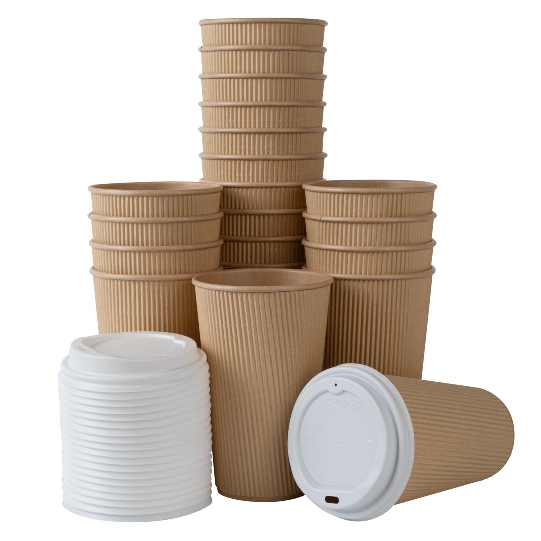 Cups, Hot, 16 Ounce, Paper, Kraft, Ripple Wall, with White Lid,1 - 200 COUNT