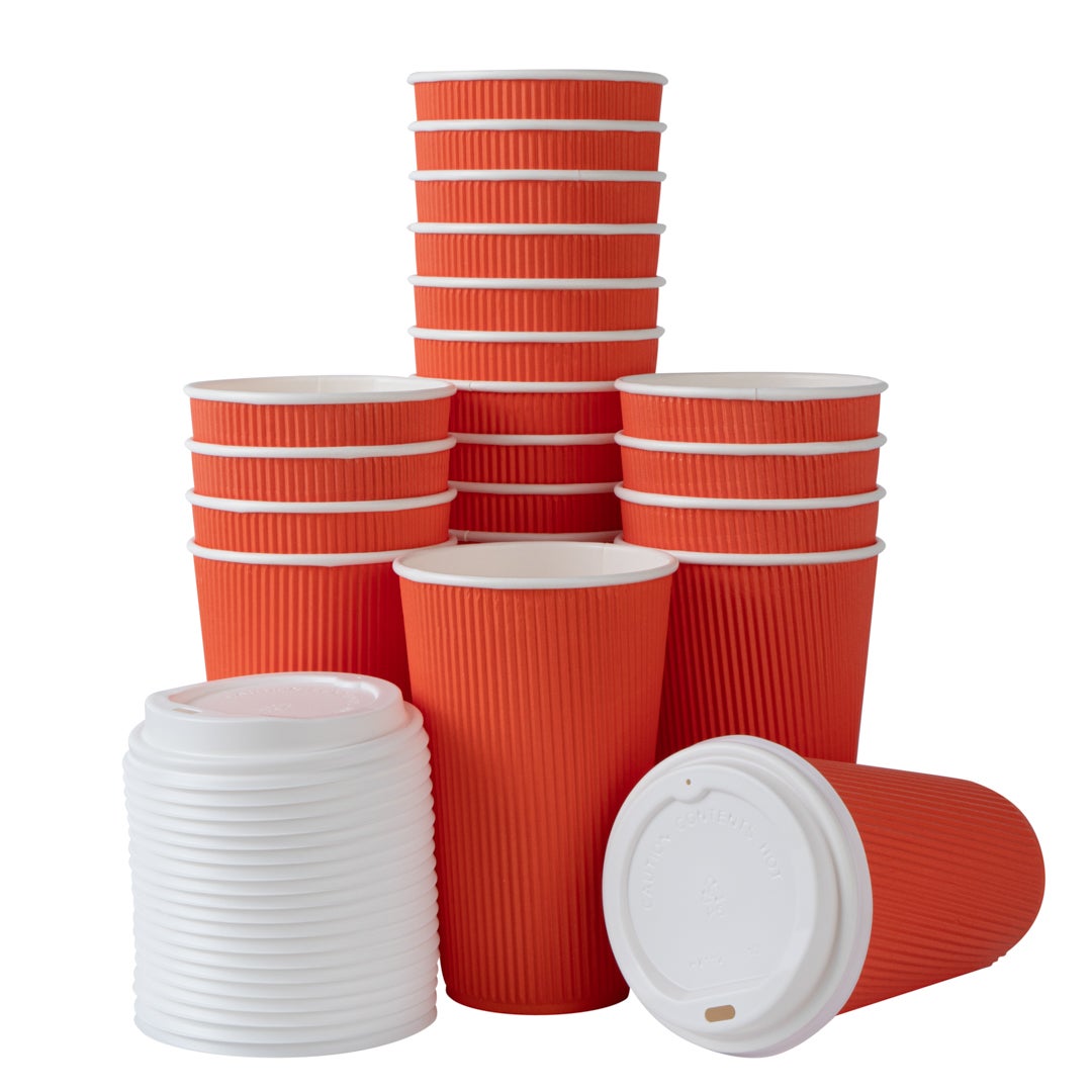 Cups, Hot, 16 Ounce, Paper, Tangerine, Ripple Wall, with White Lid,1 - 200 COUNT