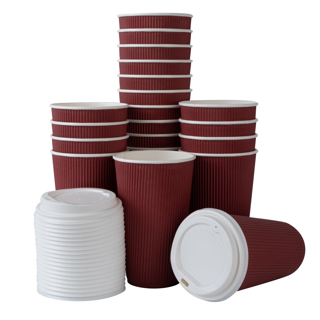 Cups, Hot, 16 Ounce, Paper, Crimson, Ripple Wall, with White Lid,1 - 20 COUNT