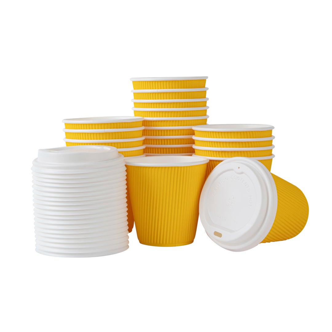 Cups, Hot, 8 Ounce, Paper, Yellow, Ripple Wall, with White Lid,1 - 400 COUNT