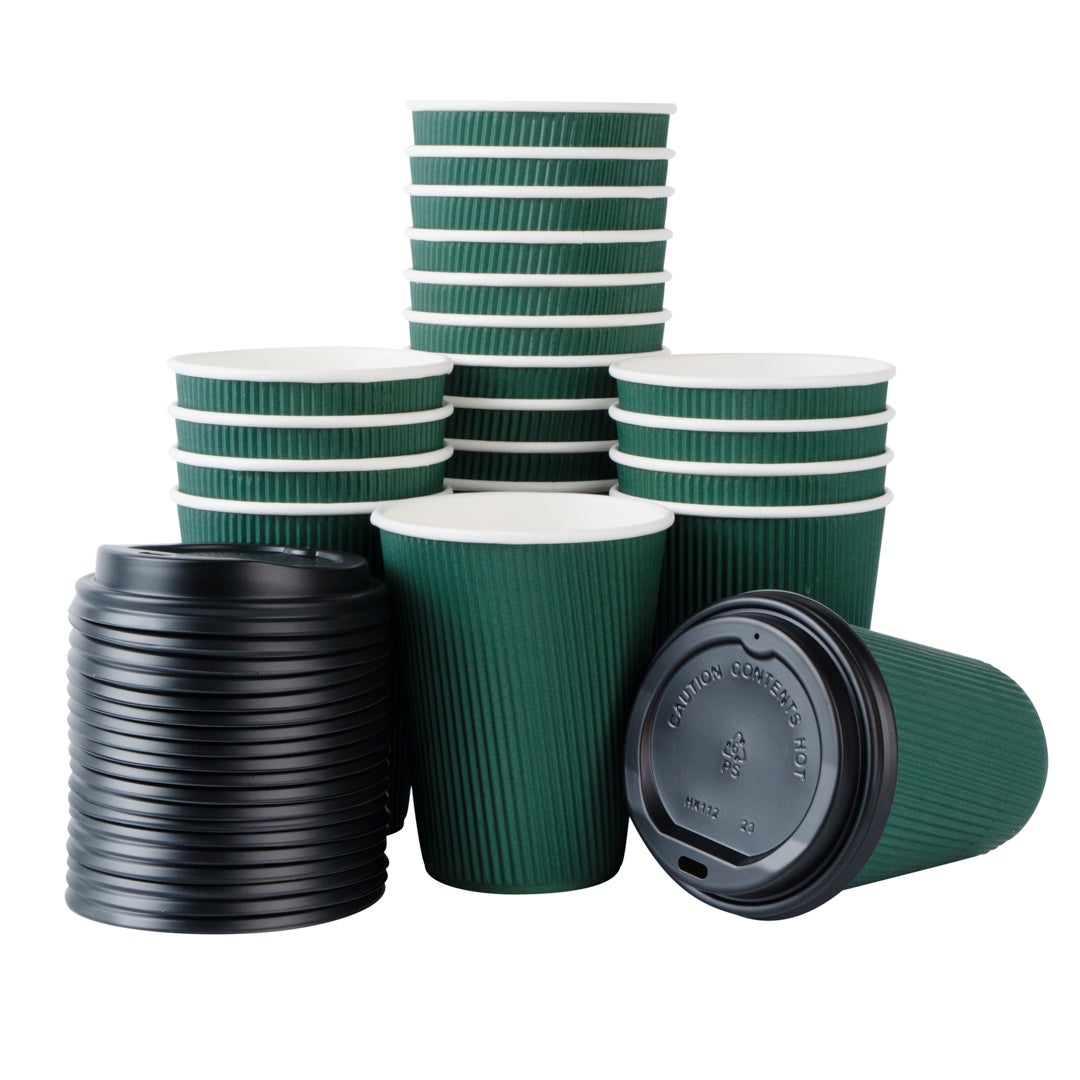Cups, Hot, 12 Ounce, Paper, Dark Green, Ripple Wall, with Black Lid,1 - 20 COUNT