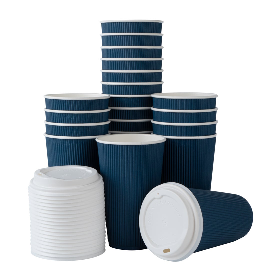Cups, Hot, 16 Ounce, Paper, Midnight Blue, Ripple Wall, with White Lid,1 - 20 COUNT