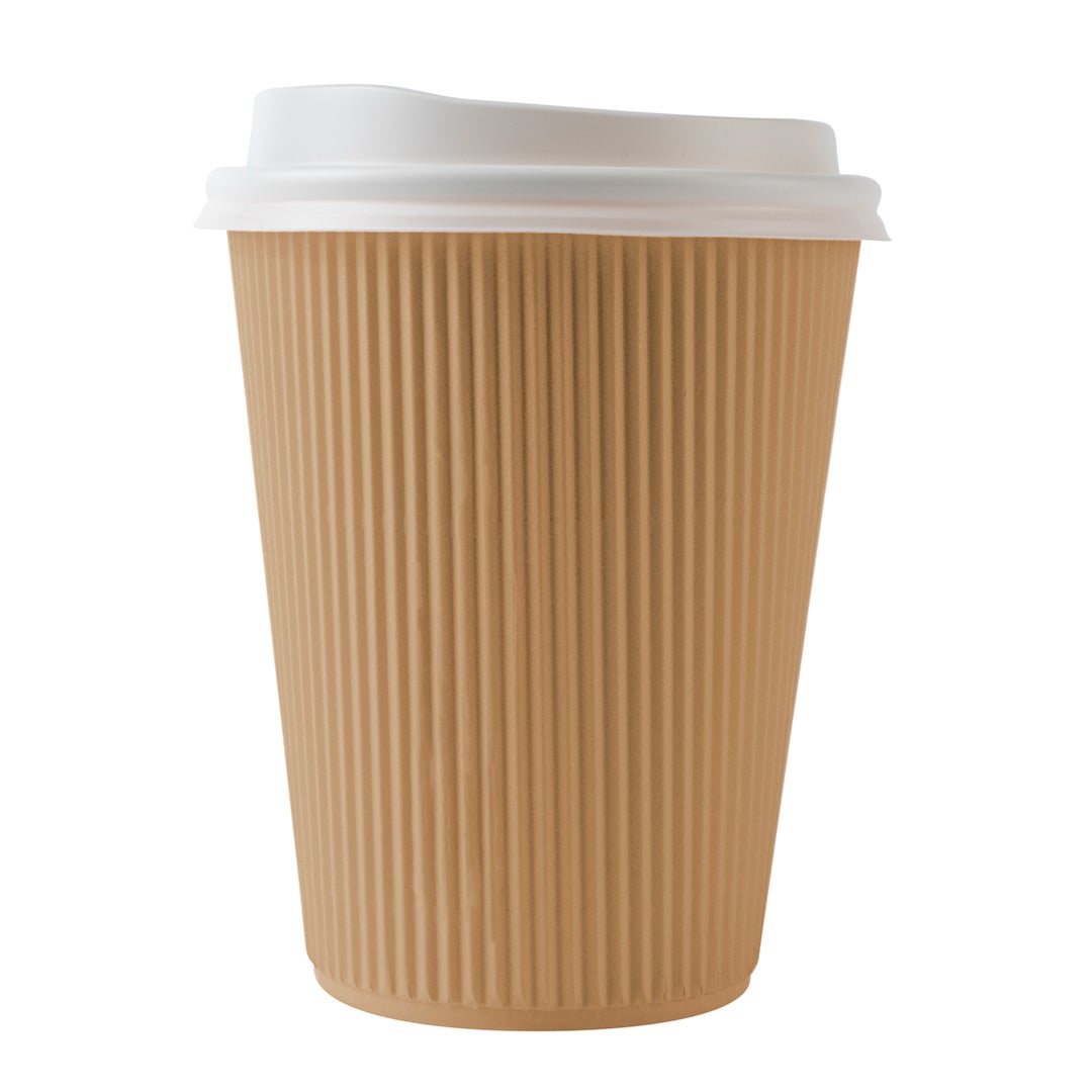 Cups, Hot, 12 Ounce, Paper, Kraft, Ripple Wall, with White Lid,1 - 200 COUNT
